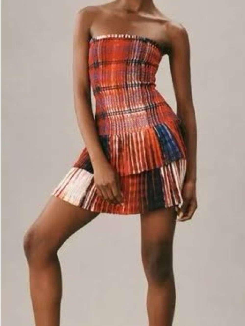 Tracy Reese Strapless Red & Multicolor Smocked Tiered Dress